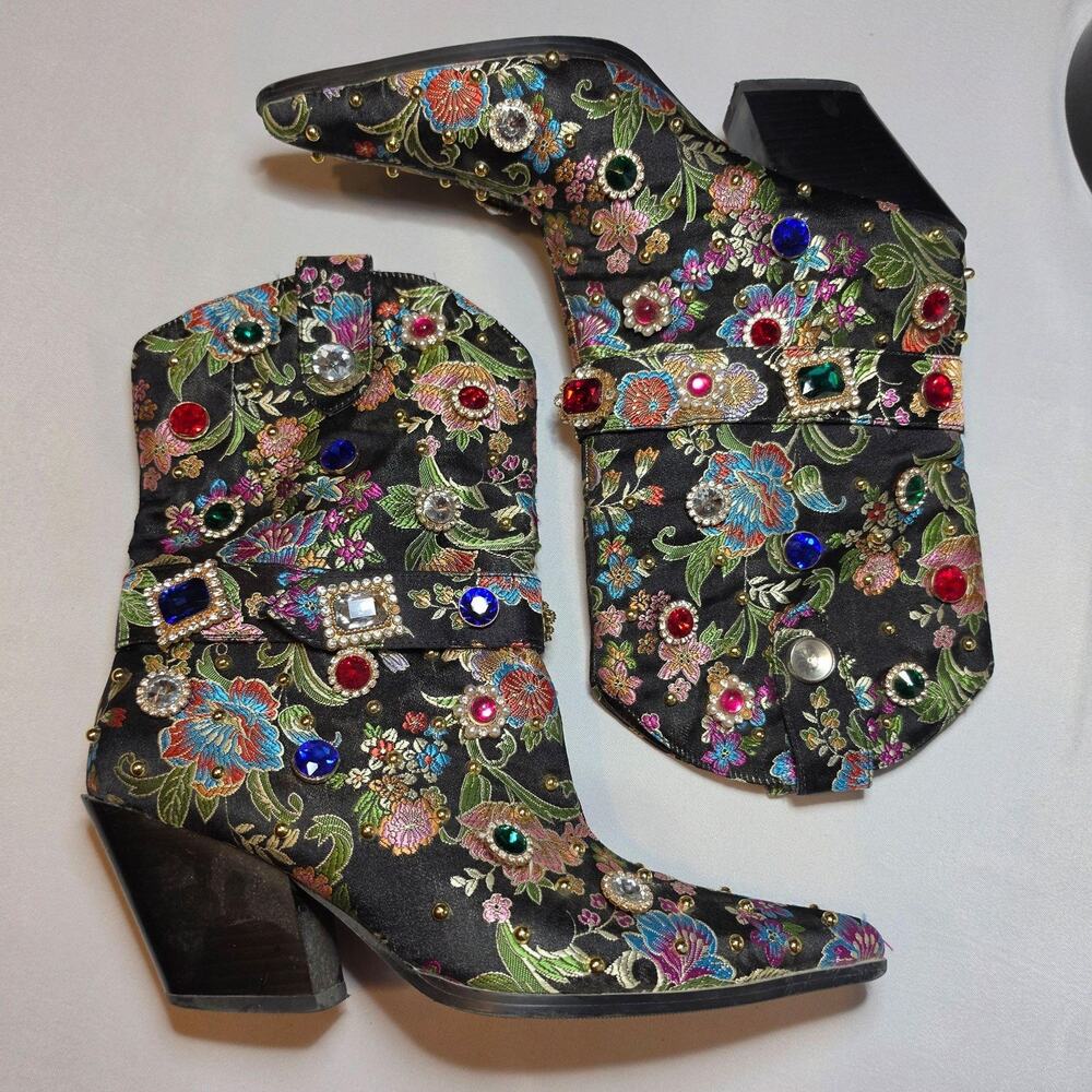 Azalea Wang Boots Womens Size 8.5 Multicolor Floral Rhinestone Ankle Western
